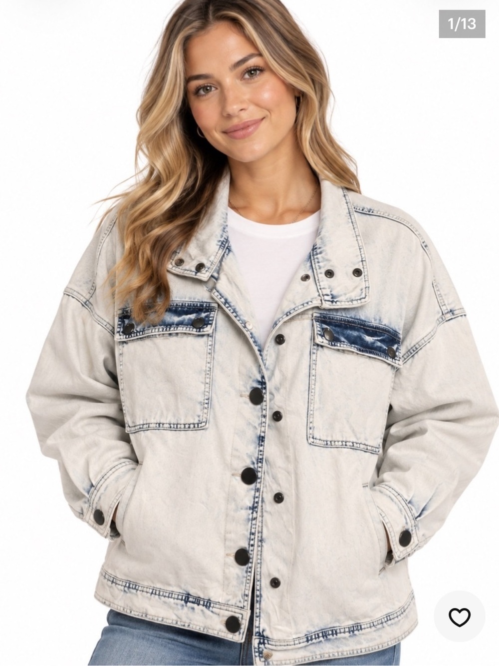 CAbi Oversized Drew Jacket White with Acid Wash Details Snap Front M